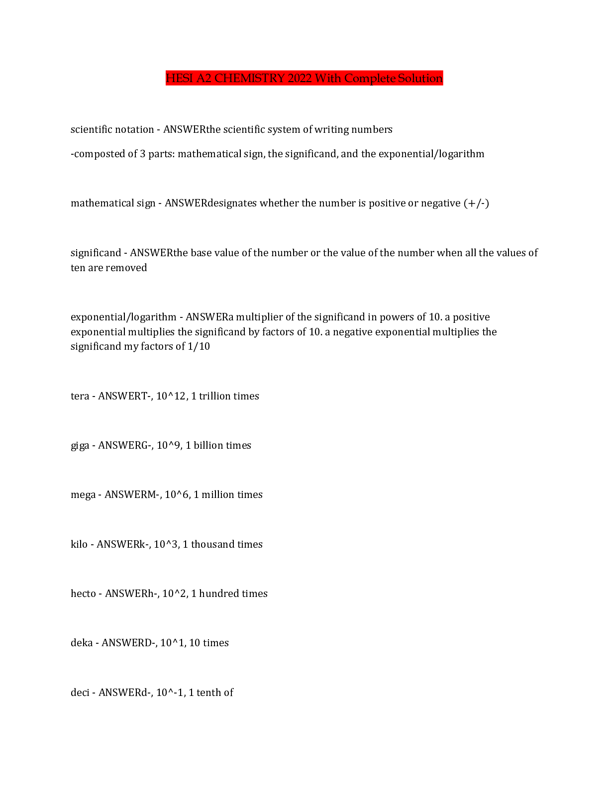 Preview of HESI A2 CHEMISTRY 2022 With Complete Solution